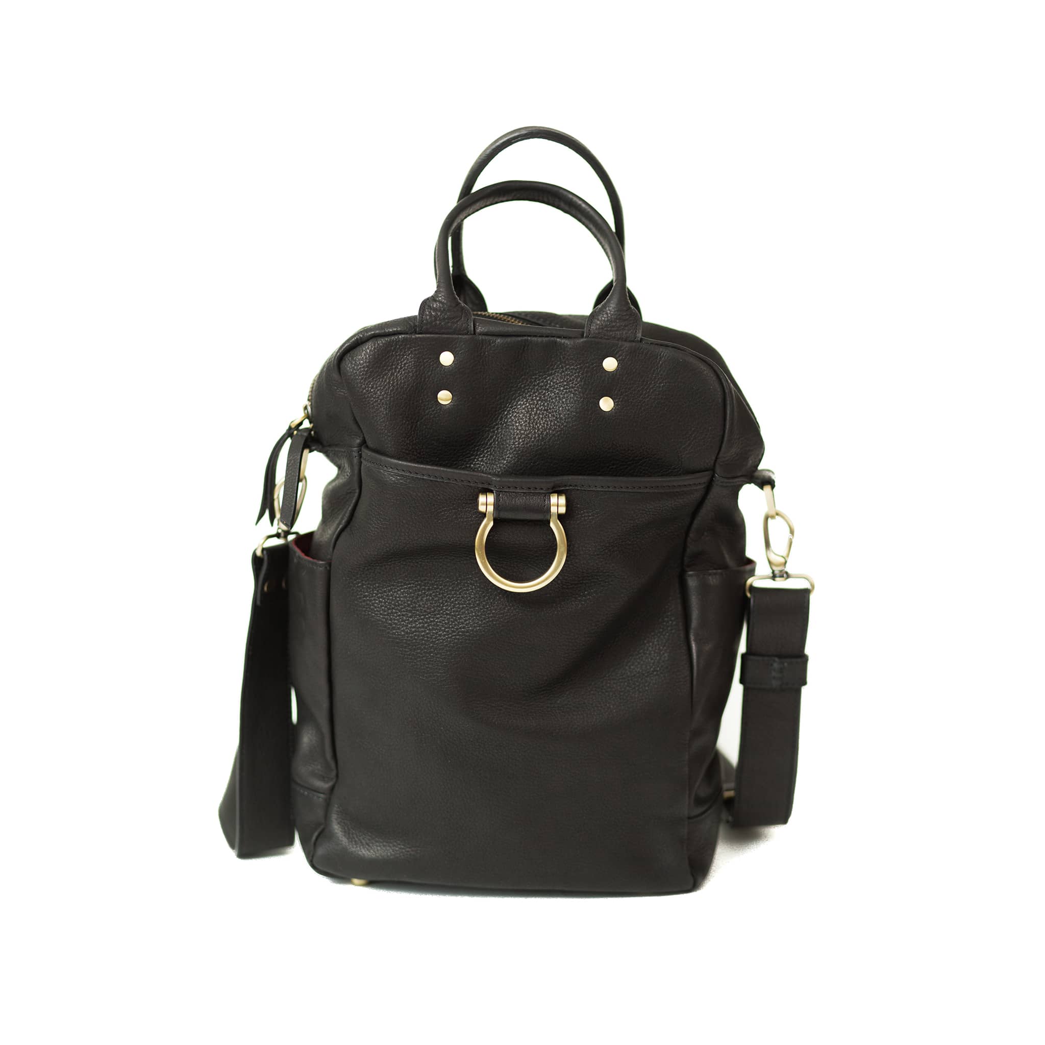 The Rodica leather backpack in black raw leather has 2 main zip compartments, 2 side pockets, and a removable, adjustable strap.