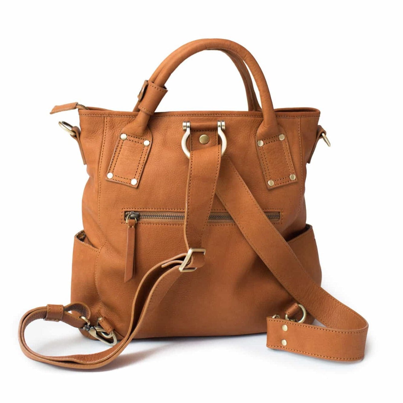 Whisky tan Chloe leather crossbody backpack with top handles, zippered closure, and side pockets.