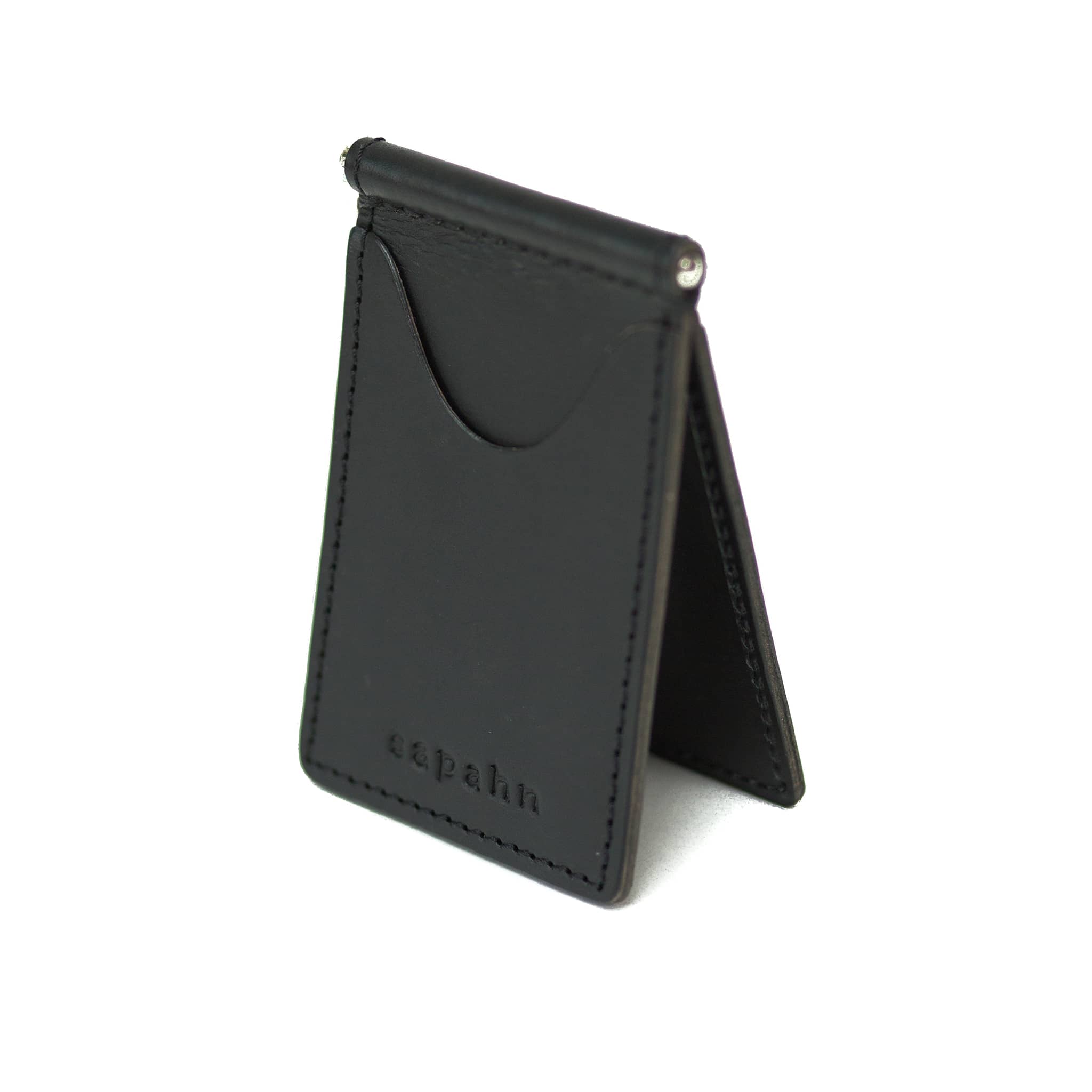 Black leather Dale money clip features exterior card slots and a subtle Sapahn logo.