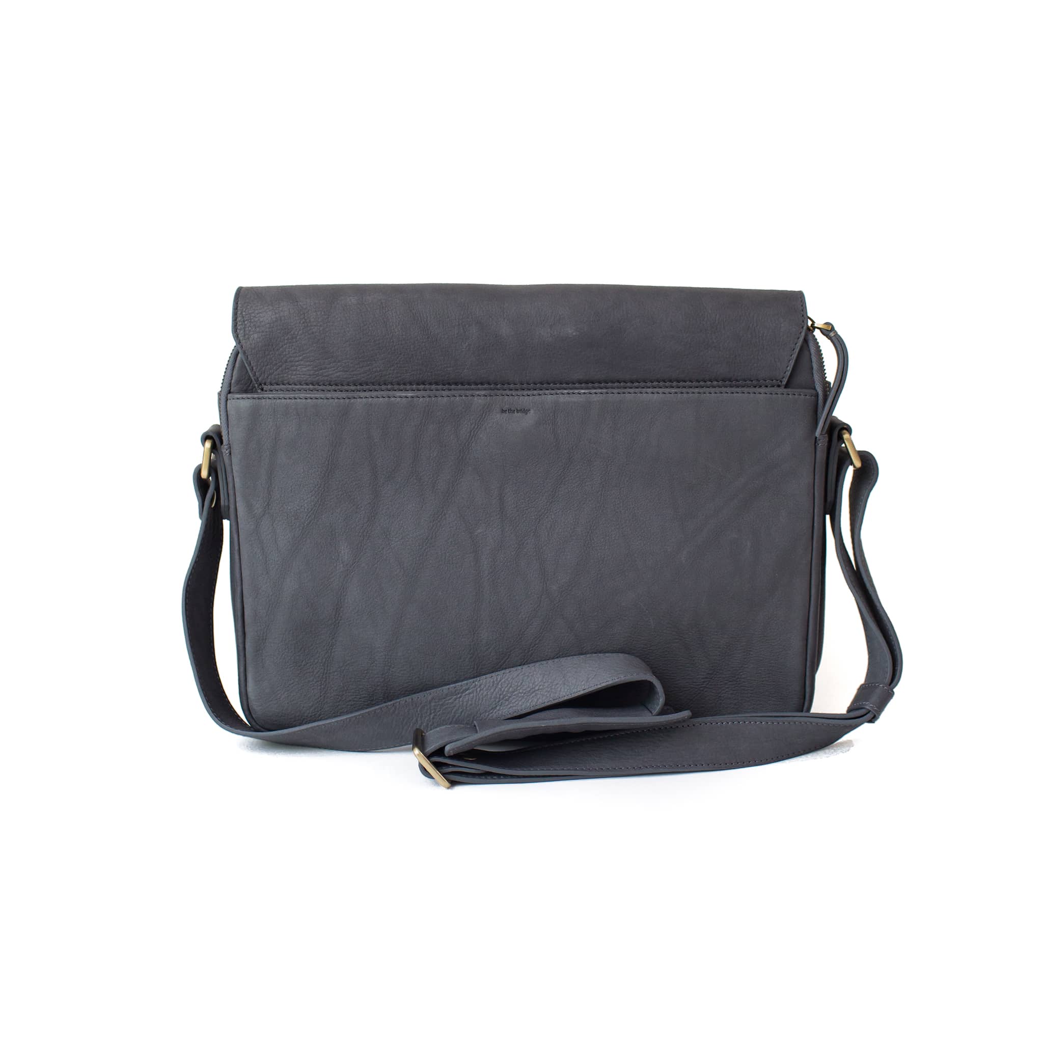 Ford messenger unisex gray raw leather bag has a magnetized bonus back pocket.