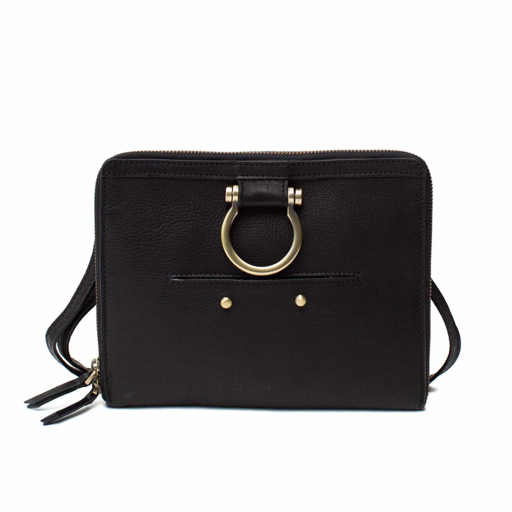 The M mini crossbody bag in black raw leather has a zip enclosure, front exterior stud pocket, and Omega hardware.