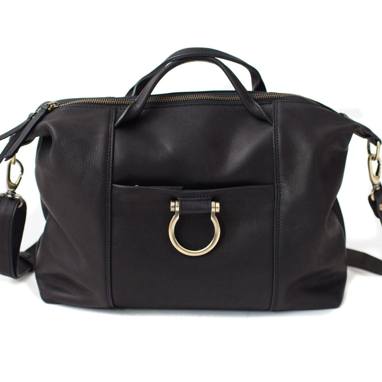 Linda Jean: large handbag in black raw leather with top zip, removable strap, and exterior zippered pocket.
