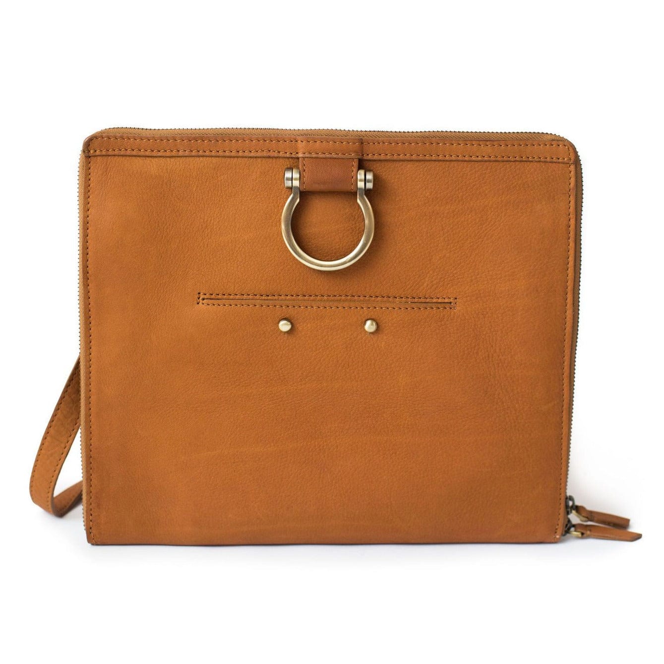 The M crossbody bag in whisky tan raw leather has a zip enclosure, front exterior pocket, and Omega hardware.