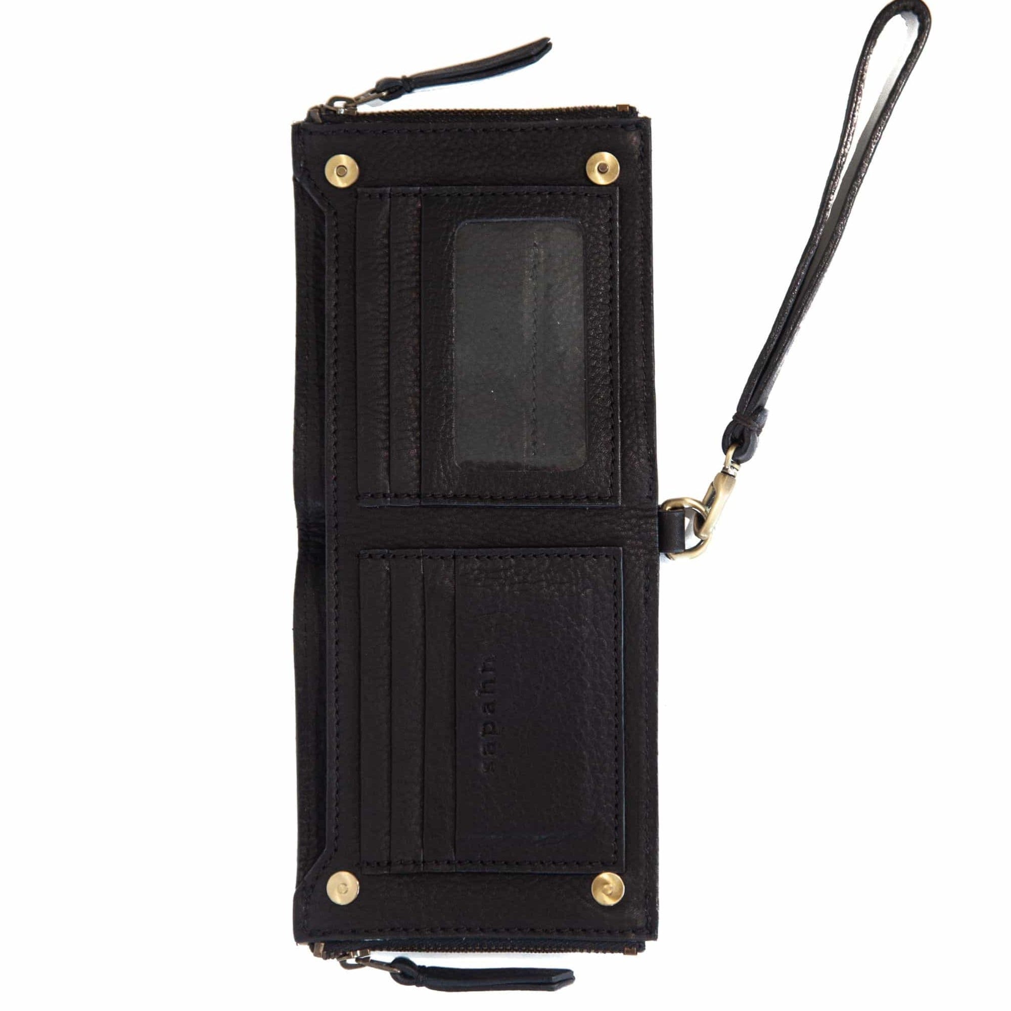 The Noelle billfold wristlet wallet in black raw leather has a strong snap closure.