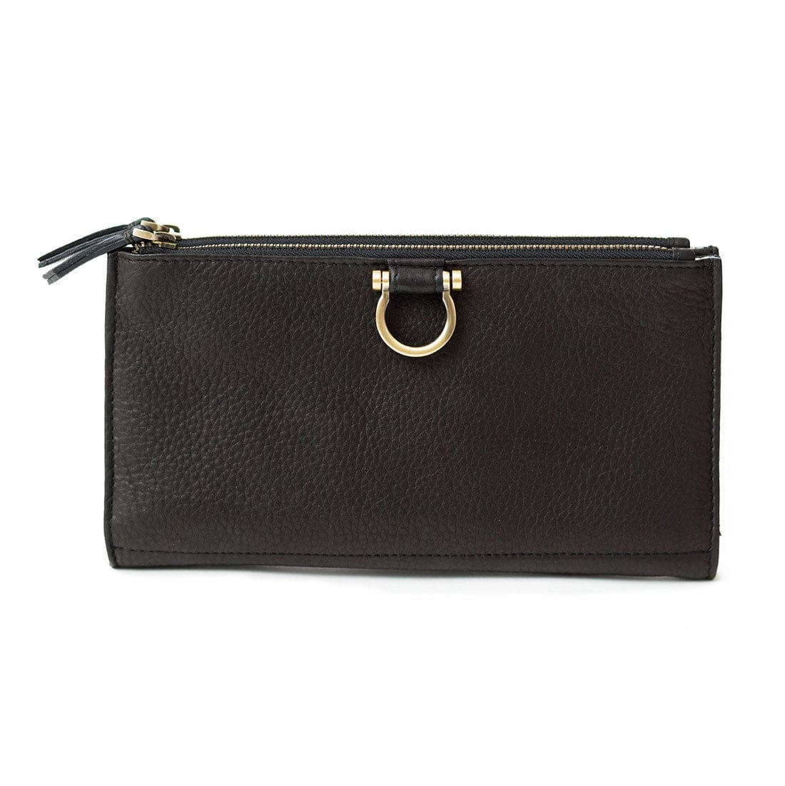 The Parker deluxe wristlet wallet in black raw leather is minimalist and features Omega hardware.