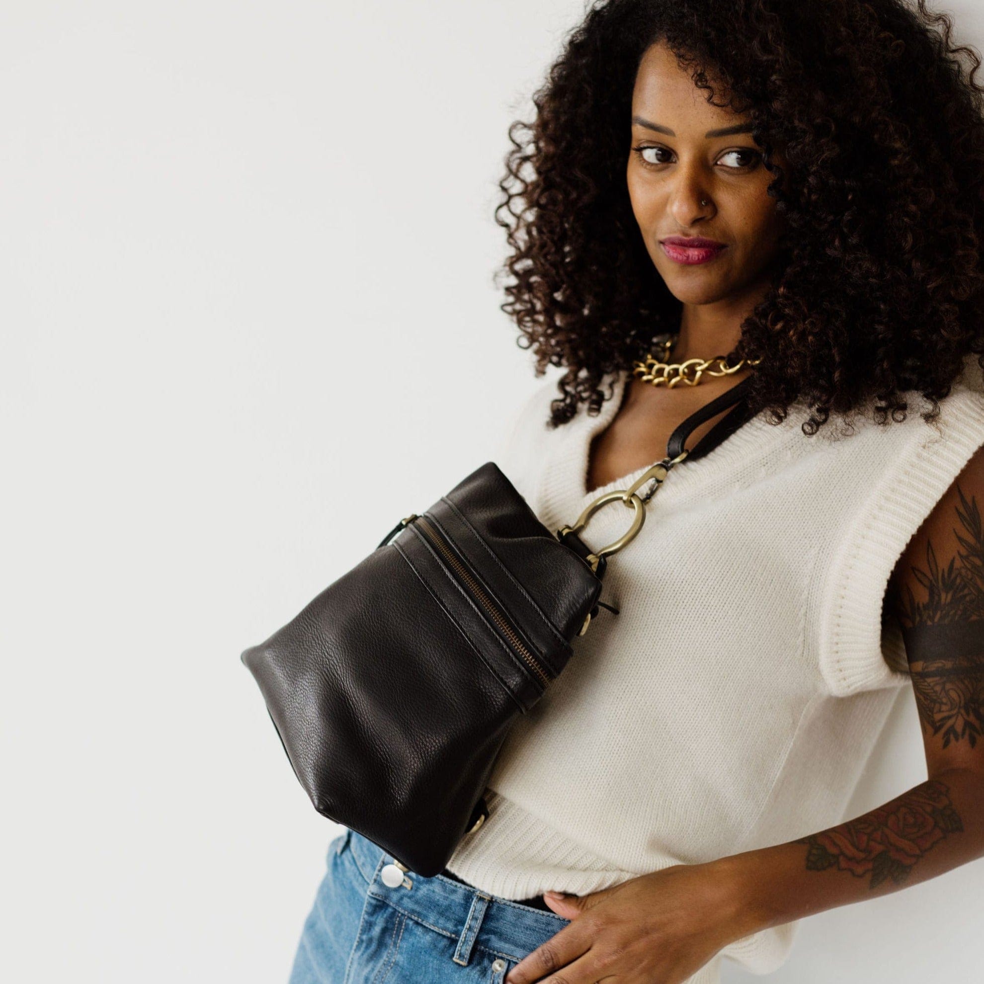 Margot New York Women's Black Leather Small Zip Around Backpack Purse Bag